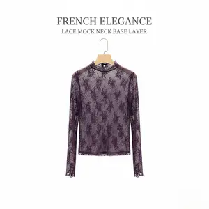 Women's Lace Long Sleeve Top, Lady, Half High Neck Design, Elegant Mesh Fabric, Perfect Inner Layer for Fall & Winter, Blouse, Womenswear