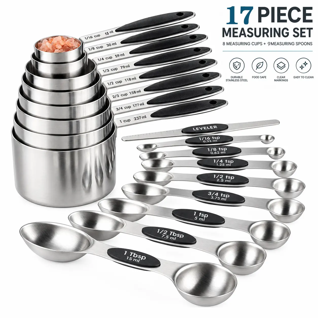 Stainless Steel 17PCS Measuring Cup & Spoon Set - Sturdy, Accurate Kitchen Utensils for Kitchen Organization, 8 Heavy-Duty Cups, 8 Magnetic Spoons, 1 Leveler, US/Metric, Dry/Liquid Measure, Easy Cleaning Baking Essential