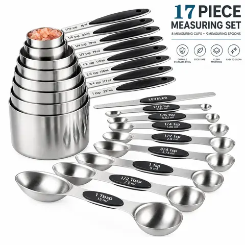 17-Piece Stainless Steel Measuring Cup & Spoon Set - Kitchen Utensils, Household Items with 8 Heavy-Duty Cups, 8 Stack-Safe Silicone Double-Sided Magnetism Spoons, 1 Leveler, 0 – 500 Ml US/Metric, Dry/Liquid, Easy-Clean Baking Essential