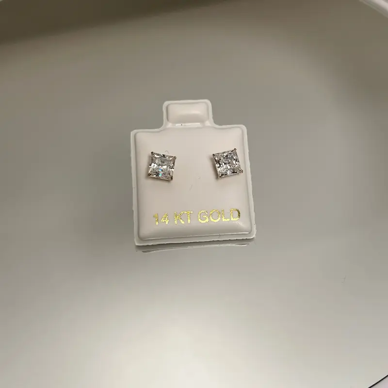 14k Gold Stud Earrings Square Shaped Cubic Zirconia Earrings