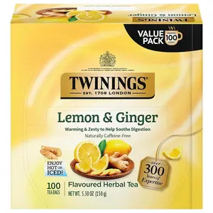 Twinings Chinese Lemon & Ginger Herbal Tea, 100 Individually Wrapped Teabags (Pack of 1), Tangy Lemon Flavor, Spicy Ginger Flavor, Naturally Caffeine-Free, Enjoy Hot or Iced
