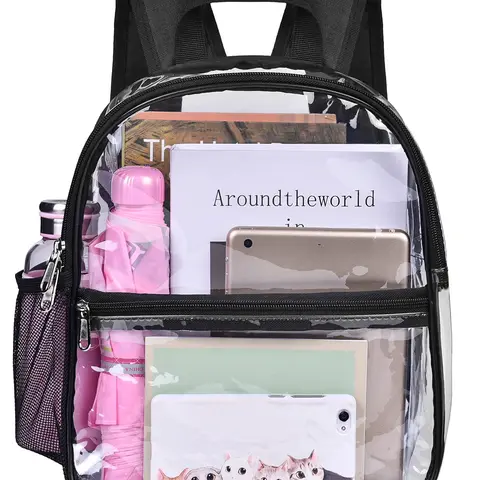 Slumou Transparent PVC Stadium-Approved Casual Lightweight Backpack (12x10.5x6 in) - Reinforced Wide Adjustable Shoulder Straps, Durable, Water Resistant Zip Backpack, Jelly See-Through Plastic, Top-Grab Handle for Campus Life