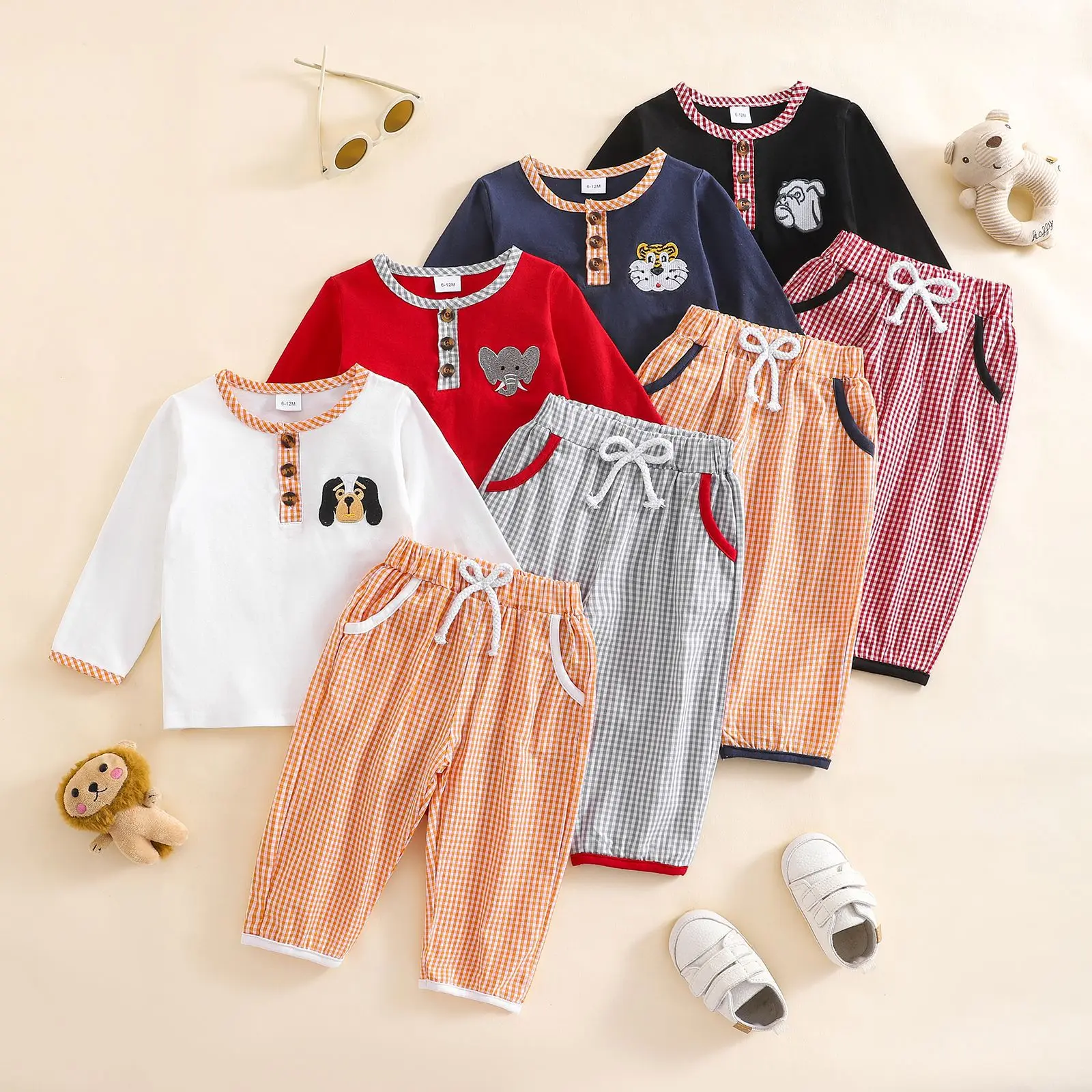 Back to school Spring Fall Outfits For 6m-4y Girls Cute Dog Embroidery Long Sleeve Tops & Elastic Plaid Pants Set Casual 2Pcs Clothes FT107042
