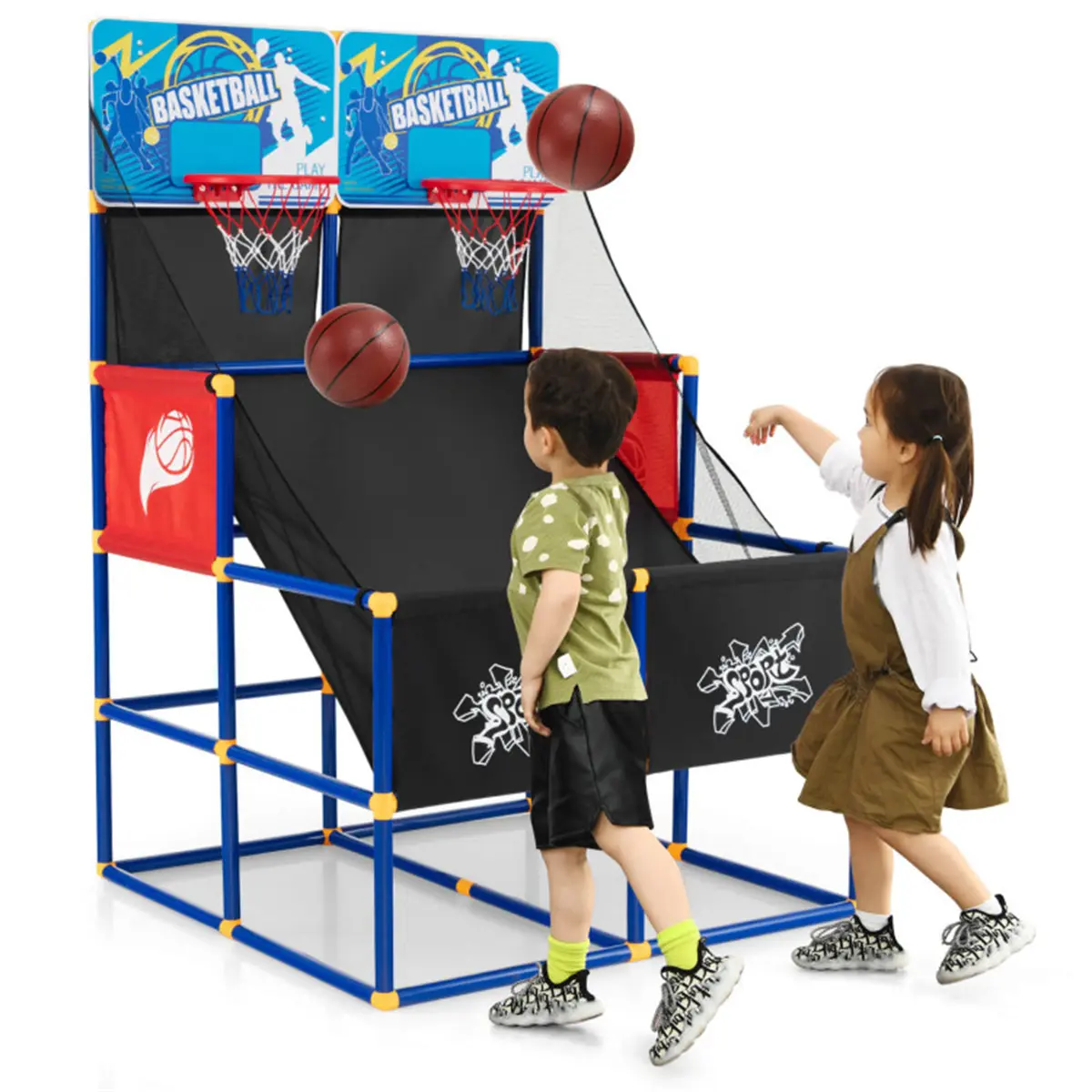 Double Shot Kids Basketball Arcade Game Set - 2 Backboards, 4 PVC Balls, Inflatable Base - Indoor Outdoor Sports Toy for Ages 3+ (Black/Blue/Red)