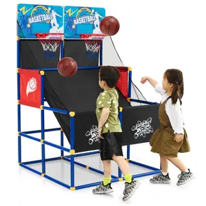 Double Shot Kids Basketball Arcade Game Set - 2 Backboards, 4 PVC Balls, Inflatable Base - Indoor Outdoor Sports Toy for Ages 3+ (Black/Blue/Red)
