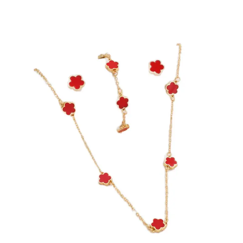 DÉKÉ JEWELRY 18k Gold Plated Stainless Steel Four Leaves Clover Motif Necklace Earrings & Handchain Set Ideal Xmas Present for Teenagers