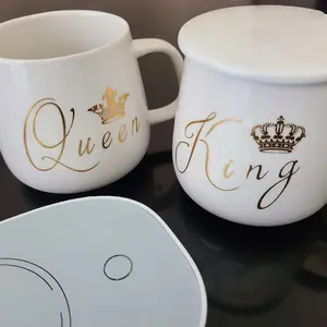 King and Queen Gold Inscription Porcelain Mug Set with Warmer, Lid, and Spoon - Perfect for Coffee and Tea - Drinkware ceramic coffee Cup Reuse