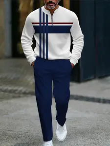 European and American men's sports suit with striped half-zip top made of high-quality polyester fabric, wrinkle-resistant and easy to care for, suitable for fitness and outdoor activities with a sporty casual style.