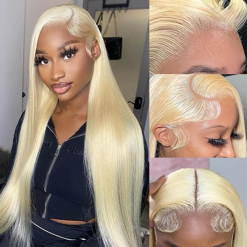 Semuer 613 Blonde Lace Frontal Wig with Drawstring 200% Density Straight Frontal Human Hair Wigs Pre Plucked Natural Hair Line With Pre Cut Lace