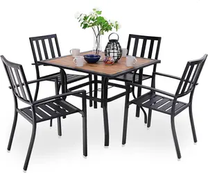 Phivilla Home 5 Pieces Outdoor Dining Set for 4, 37" Square Metal Table with Polywood Top & Stackable Wrought Iron Chairs, Outside Furniture Set for Patio, Deck, Backyard, Porch