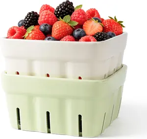 AELS Ceramic Berry Basket, 5.9" Container for Fruit & Vegetables, Farmhouse Fruit Bowl, Strawberry Decor, Farmers Market, Stoneware Harvest Bowls for Kitchen, Cream White and Matcha Latte Green