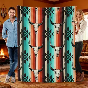 Western Aztec Skull Flannel Throw Blanket - Premium Soft Cozy Flannel Blanket for Cowboy Boho Home Decor Unique Gift for Men Women