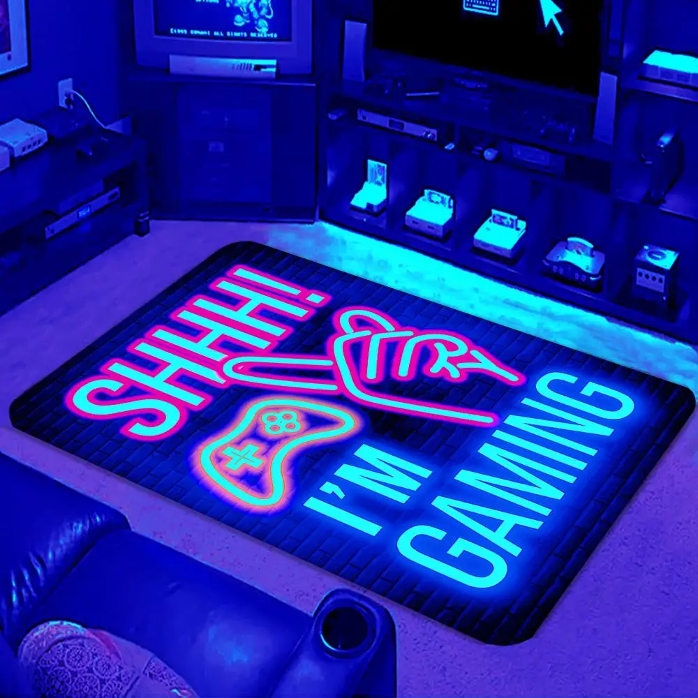 Gamepad & Letter Pattern Flannel Carpet, 1 Count UV Black Light Carpet, Non-slip Floor Mat, Decorative Area Rug for Home Living Room Bedroom Game Room