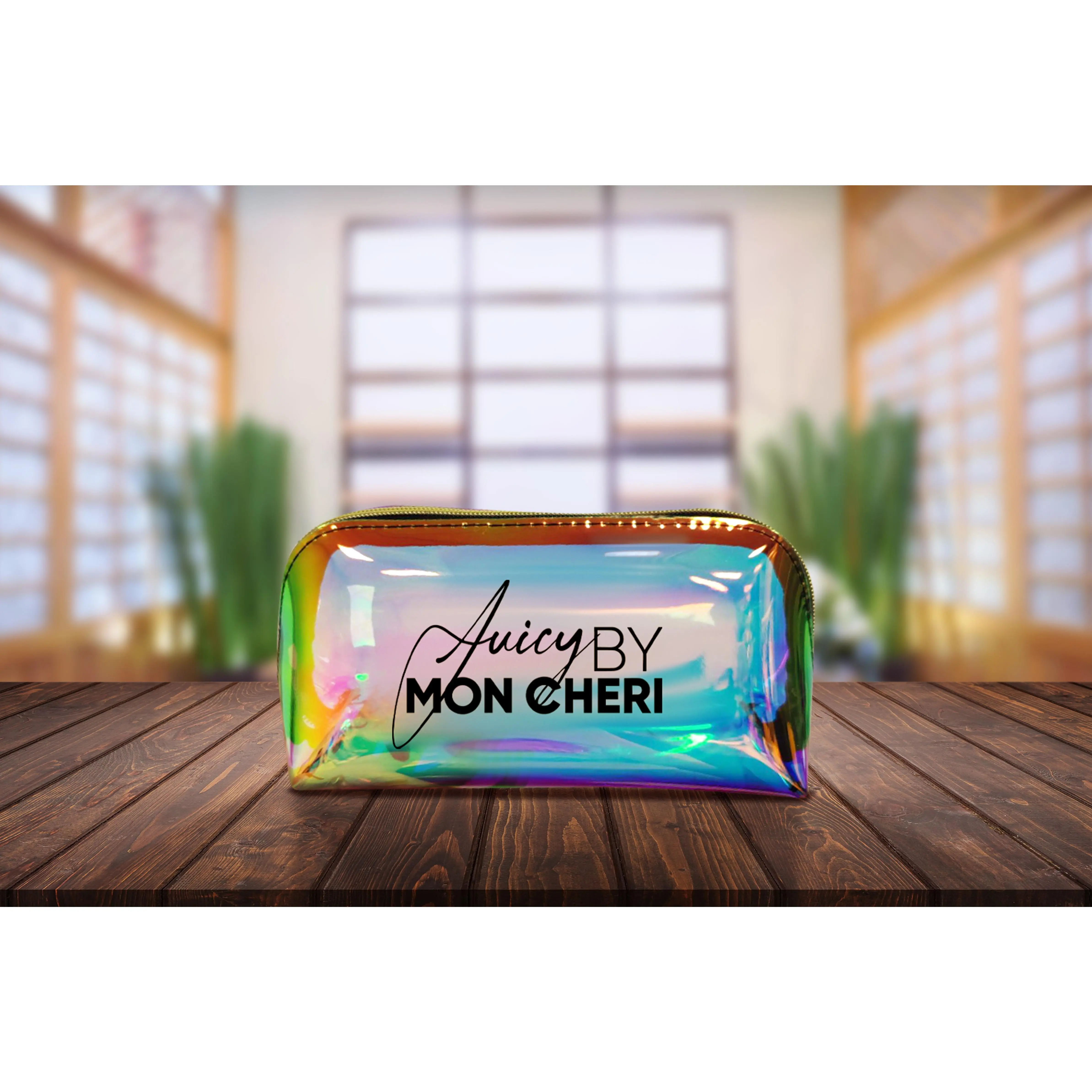 Shimmering Holographic Translucent Makeup Pouch with Zipper Closure