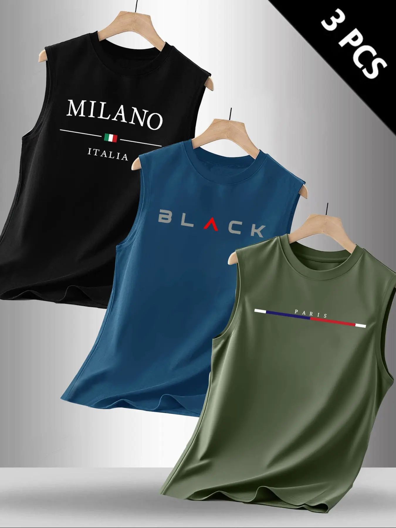 Bestselling Summer Men's Casual Sleeveless Tank Top, Sportswear Tank Top, Milan Pattern Print, Outdoor Sports Wear, Daily Versatile, Sport Vests, Sports Apparel, Sleeveless Gym Tops, 3 Pieces Set