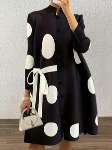 Women' Elegant Polka Dot Dress with Stand Collar & Tie - Loose Fit -Line Dress Suitable Weddings, Office, Parties - Machine Washable Knee-Length Dress