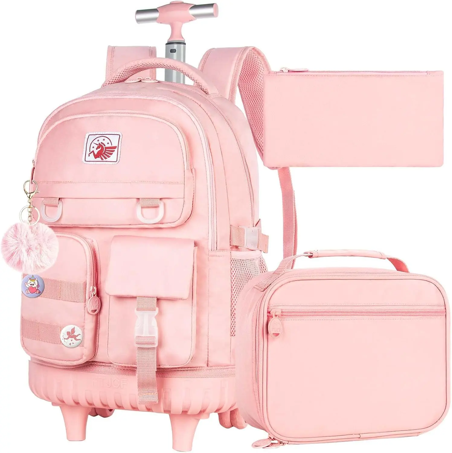 Rolling Backpack for Girls Women, 21 inch Water Resistant Roller Wheels Backpacks, Wheeled Bookbag with Lunch Bag for Teen Elementary School Travel - Pink