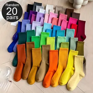 Random 10/20 Pairs Ultra-Soft Breathable Knee-Length Socks - Fashion Trendy Solid Colors, Vegan Polyester Knit Fabric, Mid Tube Design for Daily Wear Fit Lightweight