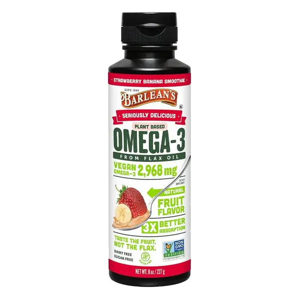 Barlean's Seriously Delicious Vegan Omega 3 Flaxseed Oil Supplement, Strawberry Banana Smoothie, Non-GMO and Gluten Free, 8 oz