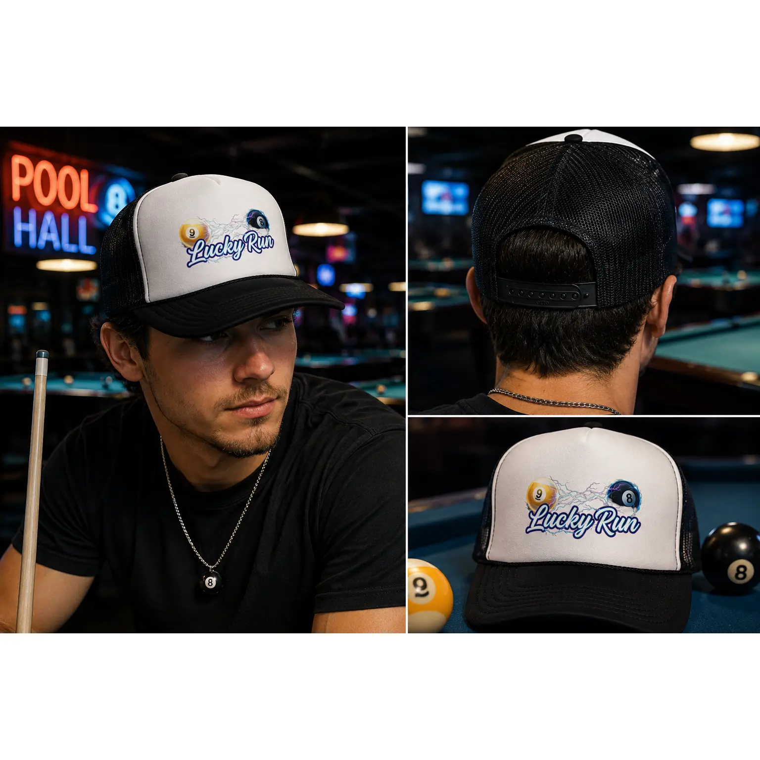 Lucky Run Electric 8 Ball & 9 Ball Billiards Trucker Hat | OTTO 39-165 Foam Snapback Pool Player Cap