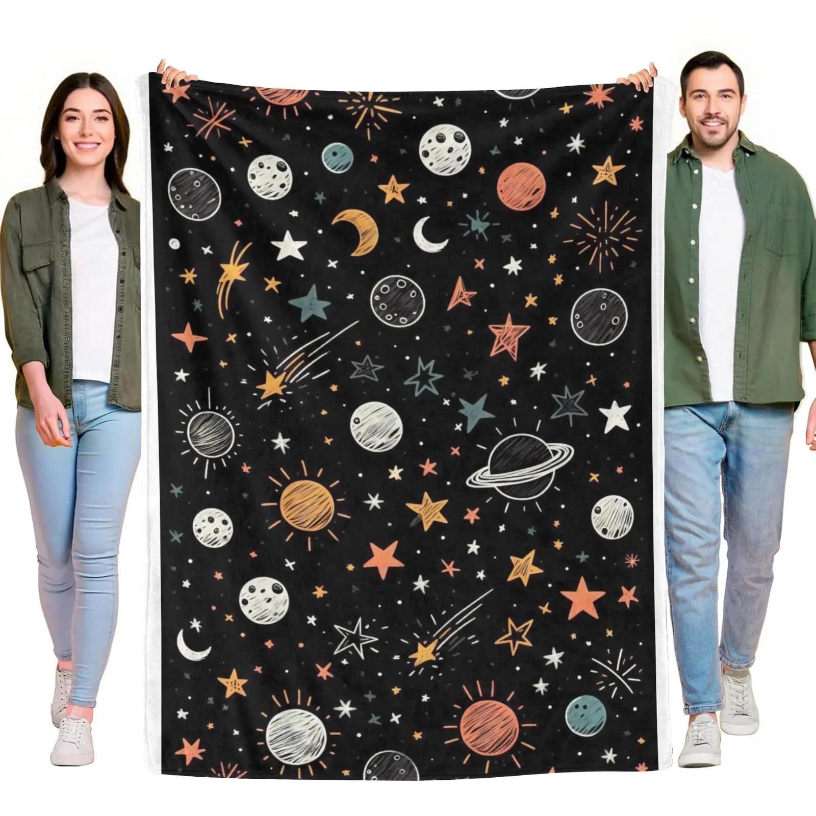 Flannel Throw Blanket, Hand Drawn Space Planets Moon Star Seamless Pattern Black Background Retro Astronomy Galaxy Blanket