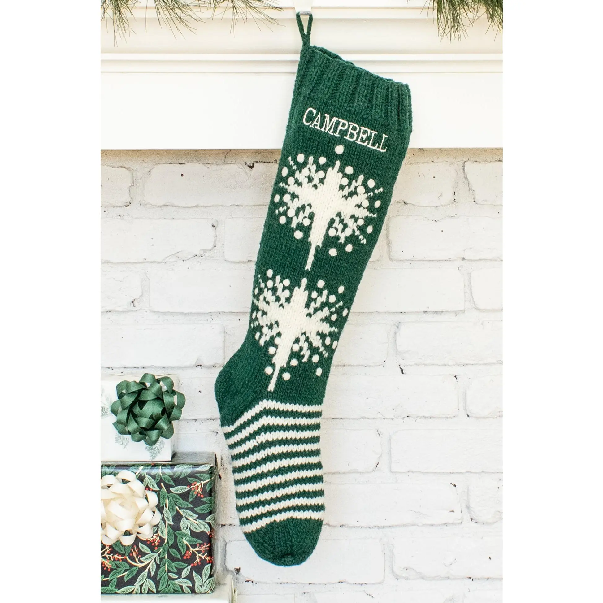 Green and White Star Personalized Christmas Stocking