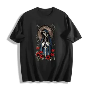 100% Cotton Men’s Graphic Tee Virgin Mary Cross Flowers Design Plus Size S-5XL Summer Casual Wear Faithful Gift For Religious Lovers