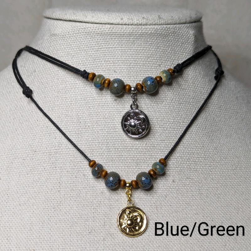 Ceramic Beaded Silver or Gold Moon & Sun Charm Boho Hippie Whimsical Adjustable Black Rope Cord Choker Stacking Necklace