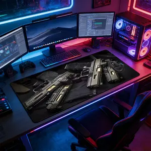 Futuristic Sci-Fi Pistols Large Gaming Mouse Pad, Non Slip Mousepad, Extended Non-Slip Rubber Base Desk Mat, Cyberpunk Firearm Design Computer Accessory, Office Desk Pad for Home & Gaming, Ideal Gift for Sci-Fi & FPS Game Fans