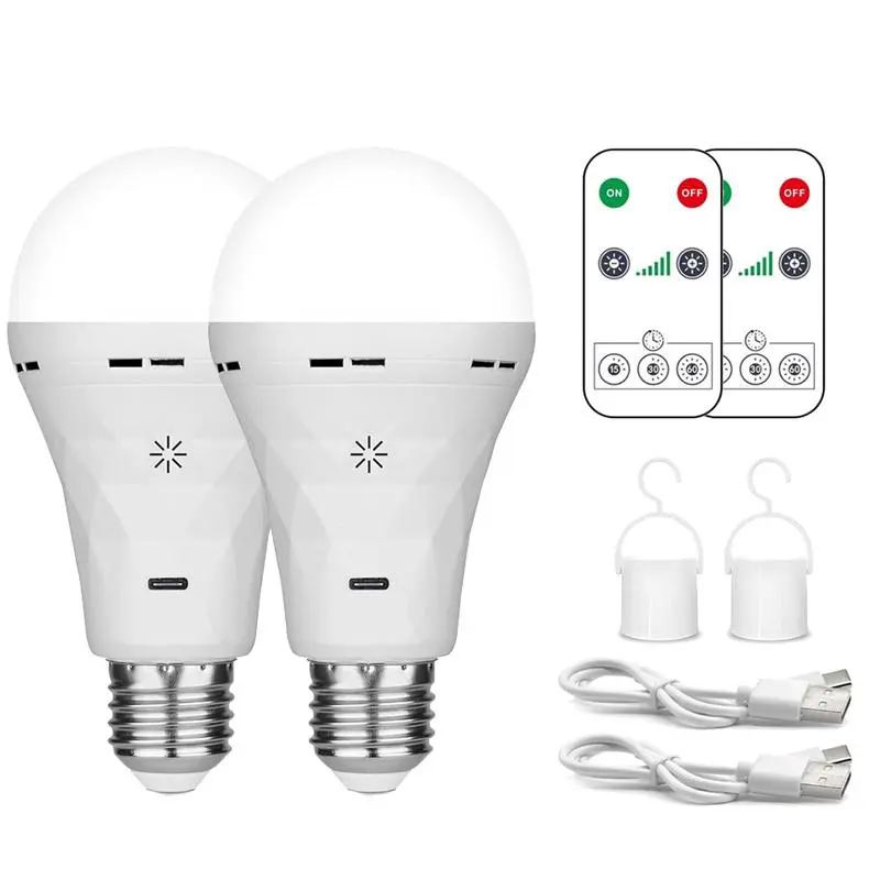 E27 Rechargeable Dimmable Adjustable Brightness LED Light Bulb with Remote and Timer, Battery Backup Bulb for Sconces and Lamps, Bulbs for Non-Hardwired Fixture, Adjustable Brightness Lights, 2 Pack