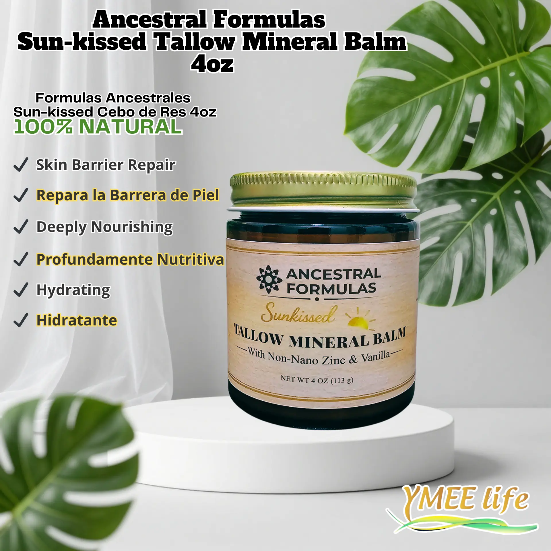 Sunkissed Tallow Mineral Balm - Natural Blend Body Care Moisturizer for Adults, Grass-Fed Tallow, Non-Nano Zinc, Olive Oil, Vanilla Hint, Anti-Age, 4 oz, Minerals, Unisex, Hydrating, Lotion, Firming, 4Oz, Moisturizing