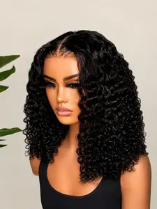 [Ribacee] High-density wool perm deep wave short bob wig, glue-free, ready to use, deep wave curls, wet hair wave 6x4 wig, women's style, pre-plucked hair, high crown to make the face look smaller | Natural black center parted curls, natural hairline