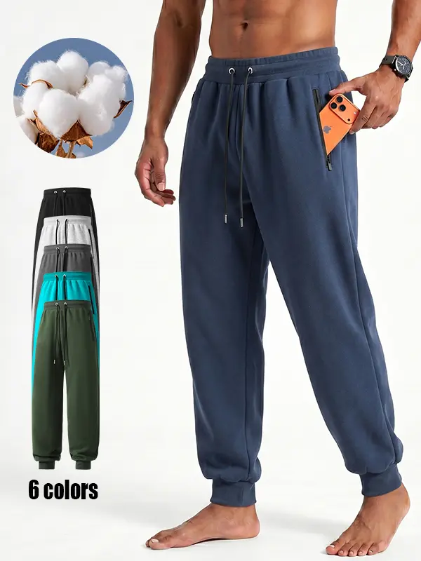 Men Cotton Jogger Pants Drawstring Elastic Cuff Sweatpants Zipper Pockets Streetwear，4-Way Stretch Breathable Athletic Training Pants with Zipper Pockets, Tapered Ankle Cuff Running Hiking Sports Trousers