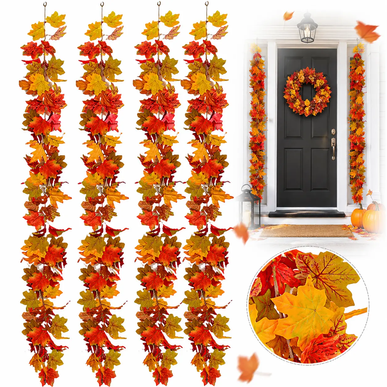 Plastic Artificial Thanksgiving Autumn Maple Leaf Garland, Hanging Fall Leaves Decor for Indoor-Outdoor Mantel, Table, Front Door Home Harvest Festive Decorations, Cloth