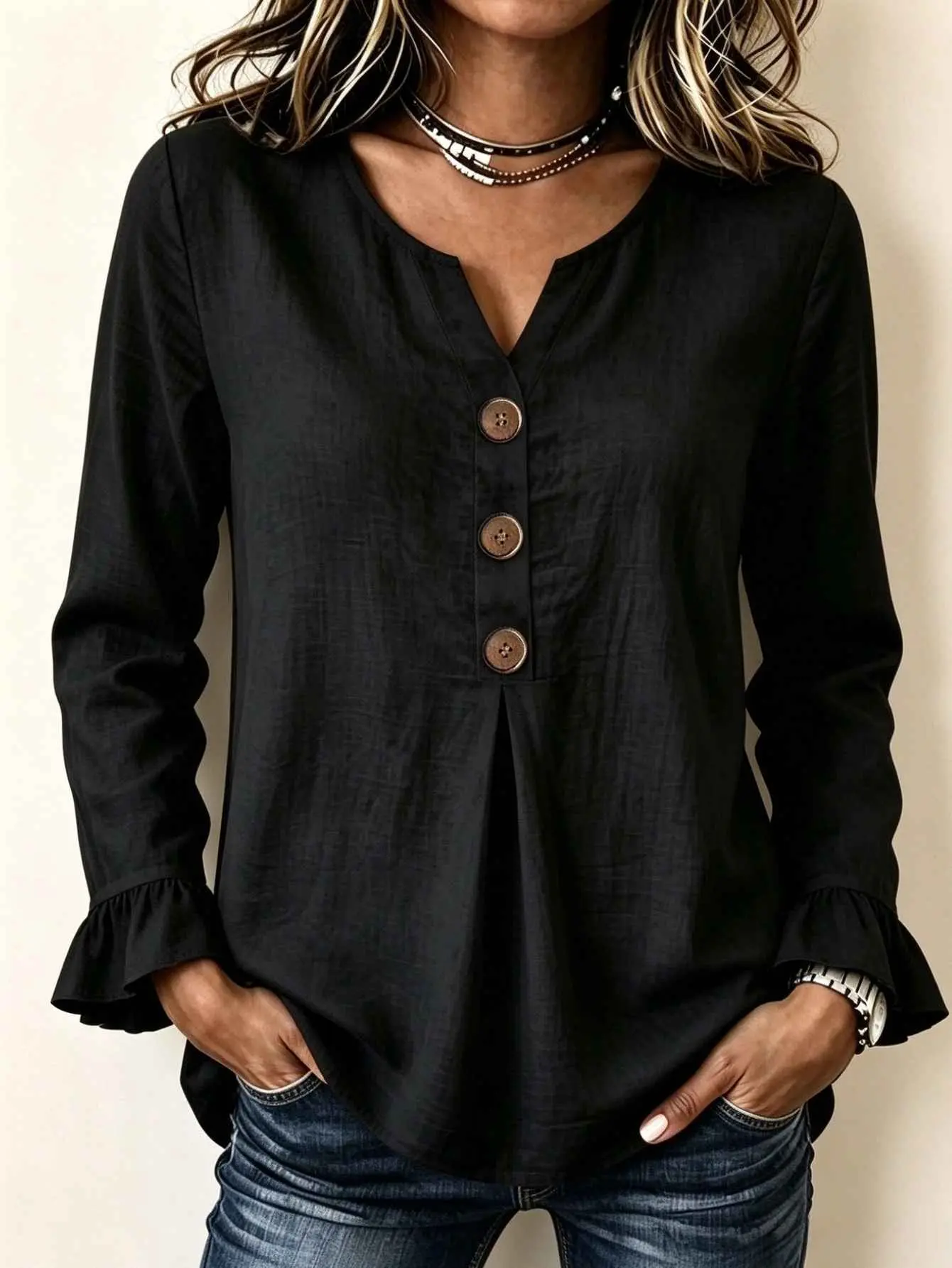 Women’s 3-Button V-Neck Long-Sleeve Basic Blouse, Casual Loose Henley Top, Everyday Fit, Versatile for Pairing with Jeans, Shorts, Leggings,sohochic