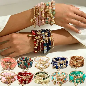 Women's 12/24pcs Boho Style Beaded Bracelets Set - Golden-Tone Starfish, Multi-Layer, Luxury Summer Female Accessories - Daily Wear, Festival Jewelry, Ideal Gift for Jewelry Enthusiasts, Boho Style Bracelet
