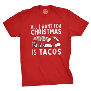 Mens All I Want for Christmas Is Tacos T Shirt Funny Mexican Food Holiday Tee Mens Funny T Shirts Cool Vintage Fashion T-Shirt Gift Classic Menswear Christmas Apparel for Men Funny Food Short Sleeve Novelty Red