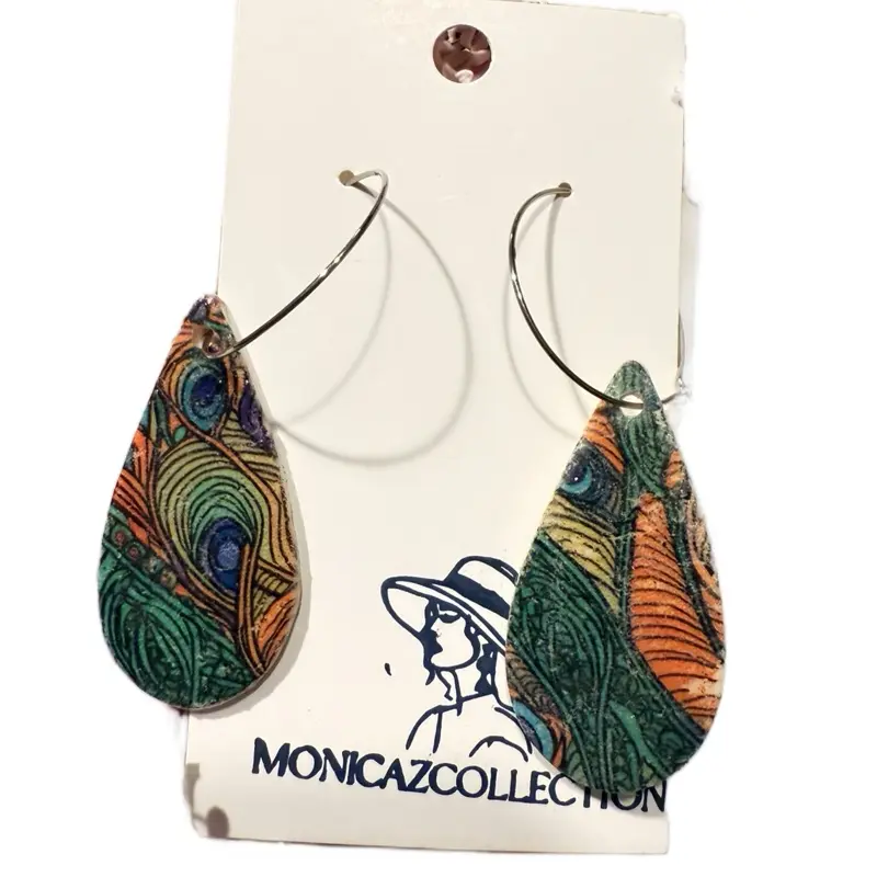 Monicazcollection Peacock Design Polymer Clay Earring with Stainless Steel Hoops in Drop Style Large Size Fashion Jewelry