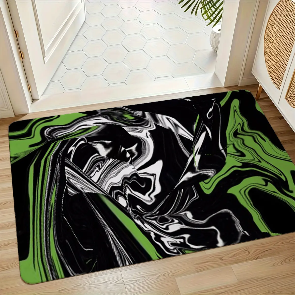 Modern Green Black White Swirl Abstract Flannel Doormat, Non Slip Absorbent Indoor Entry Floor Rug, Contemporary Geometric Fluid Texture Decor Mat for Bathroom Bedroom Kitchen Living Room