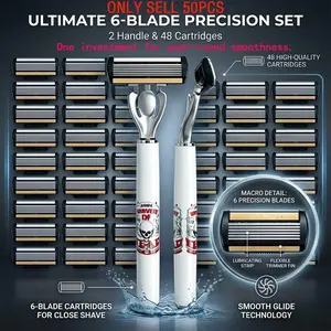 Men's 6-Blade Shaving Set, 2 Premium Handles, 48 Replacement Blades, Ergonomic Non-Slip Grip, Durable Sharp Blades, Ideal for Daily & Travel Use