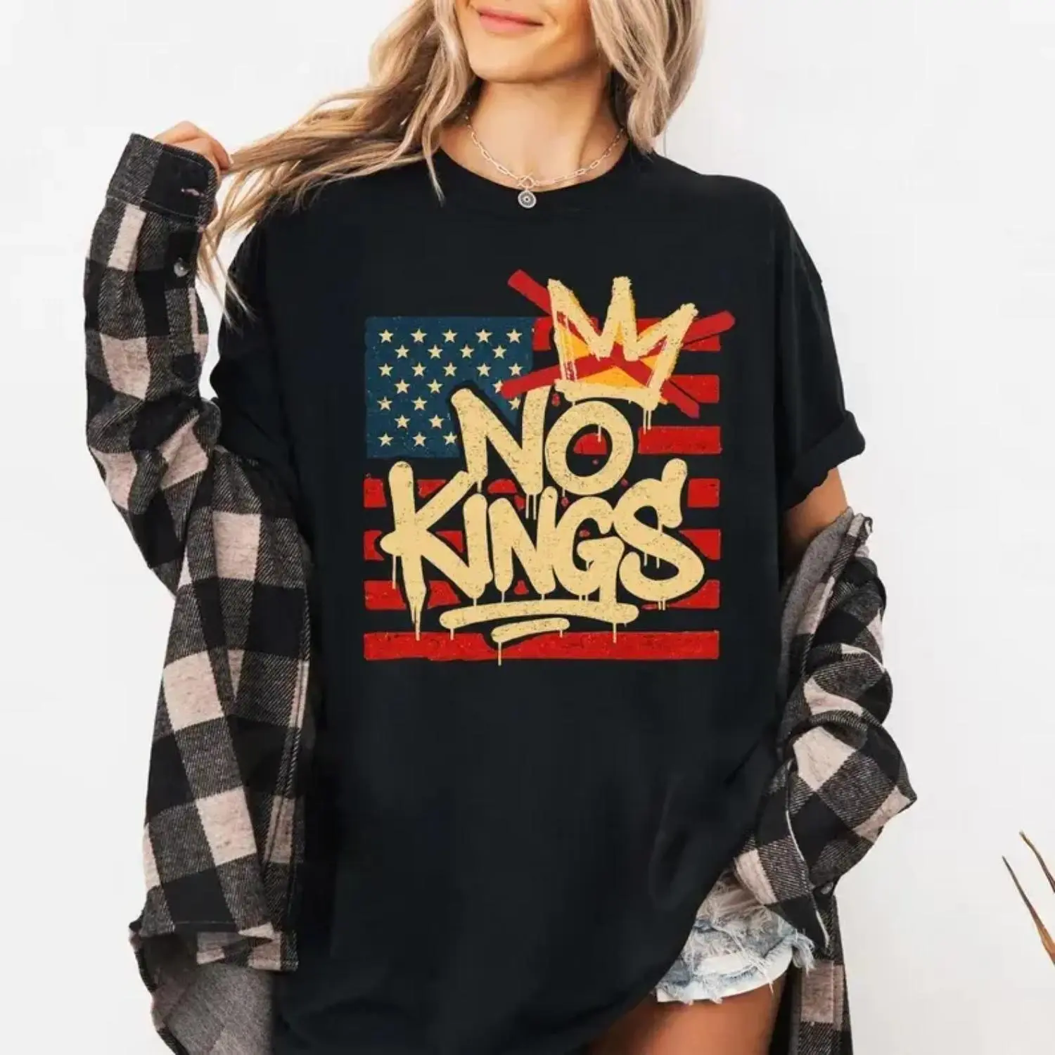 Men's Short-Sleeve Round Neck Casual Streetwear Top - Anti-Authoritarian Protest Tee, No Kings in America Political Democracy T-Shirt