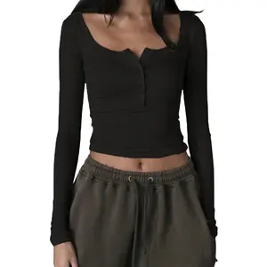 Women Knitted Henley Shirt Casual Solid Color Retro 1/2 Button Long Sleeve Crop Tops Streetwear Clubwear
