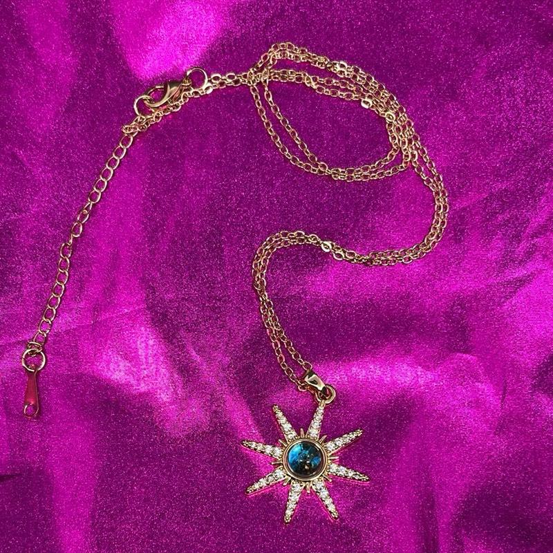 Celestial Earth Moon Stars Pendant, Opalite Jewelry, Gold Chain Necklace Pointy Sun Blue World Orbital Necklace