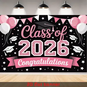 Congrats Grad Background and Wall Tapestry, Black and Pink Glitter Class of 2026, Photography Backdrop for Graduation Party Decor, Indoor and Outdoor Use, Graduate Celebration Decorations