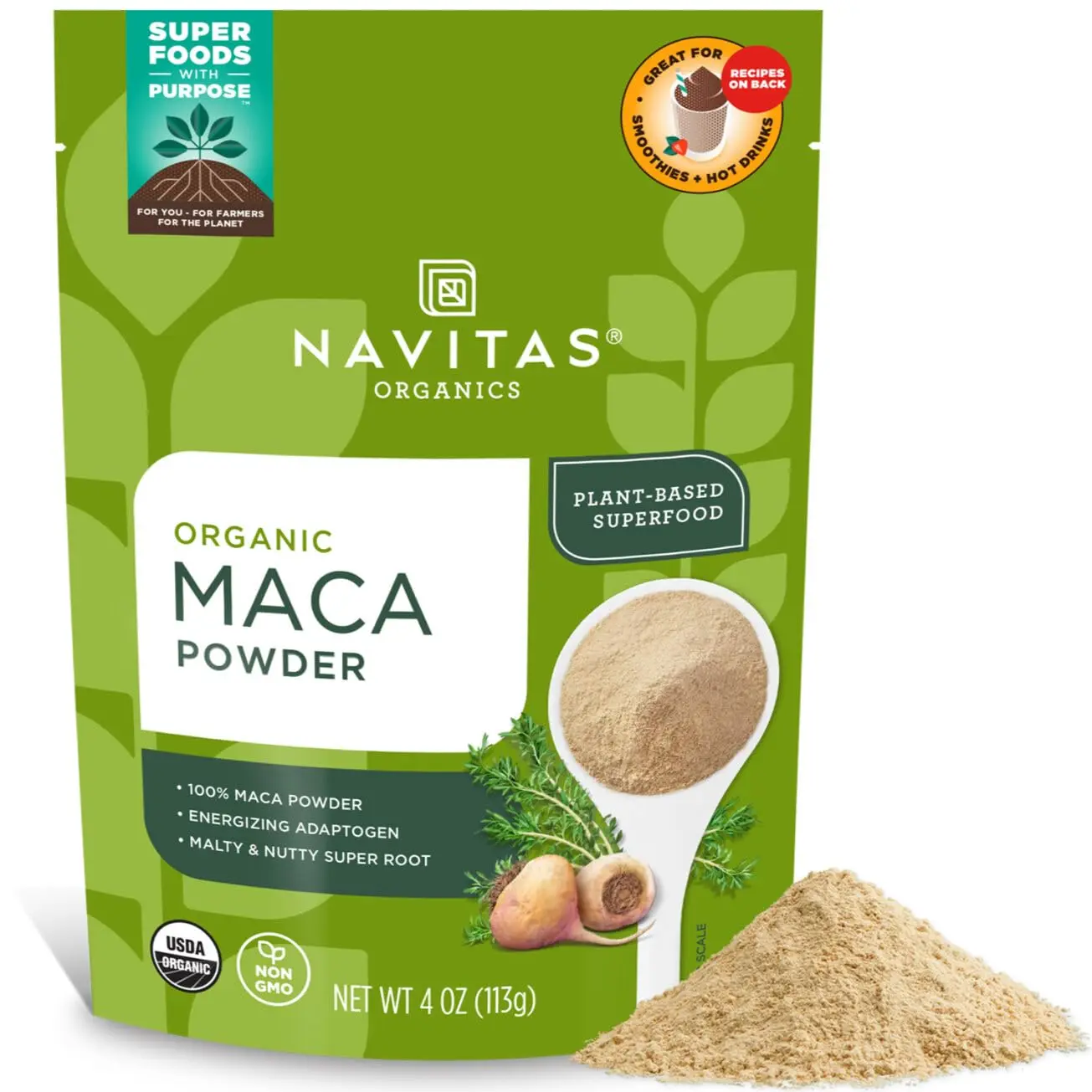 Navitas Organics Maca Powder – Gelatinized Peruvian Maca for Adaptogen Smoothies, Lattes, Baking & More – Energize & Balance - USDA Organic, Non GMO, Vegan, Gluten Free (4oz. Bag, 23 Servings)