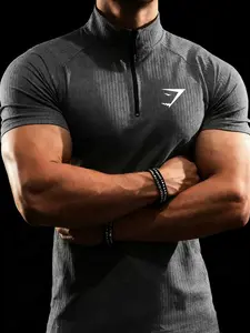 Men's Sporty Fitted Short Sleeve T-Shirt, Half Zip Round Neck, Breathable Fabric, Ideal for Gym Running Weightlifting Outdoor Cycling, Athletic Shirt
