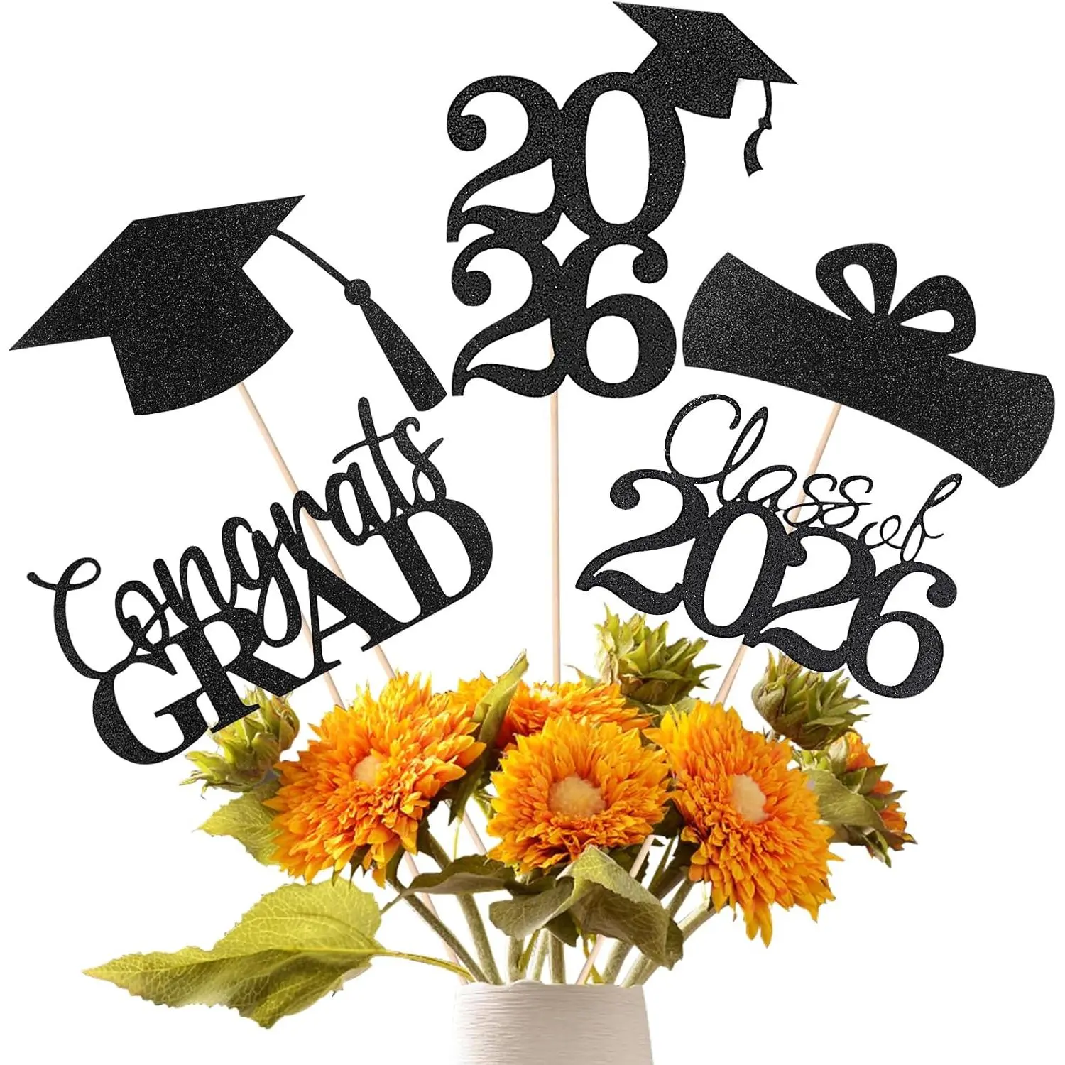 Graduation Decorations 2026, 20 count Sparkling Black Double-Sided Centerpiece Sticks for Tables, Class of 2026 Table Toppers and Party Supplies