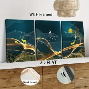 3Pcs set Wood Framed Modern Luxury Abstract Landscape Deer Canvas Wall Art with Solid Wood Frame Living RoomHome Decor Minimalist Abstract Painting Modern Abstract Design Decorative Artwork Ready to Hang Ready To Hang