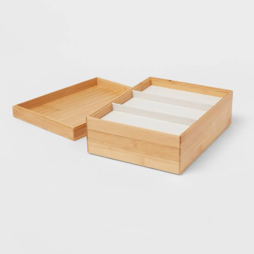 9"x12" Stackable Bamboo Accessory Tray Set with Lid - Brightroom: Jewelry Organizer Divided Storage Light Brown
