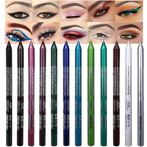 12Pcs Green Blue White Black Brown Purple Color Gel Glitter Eyeliner Pencils Set for Women Waterline Waterproof Smudge Proof lapiz de ojos delineador de ojos contra el agua Eye Liner Makeup 1-5 Lipliner Gift